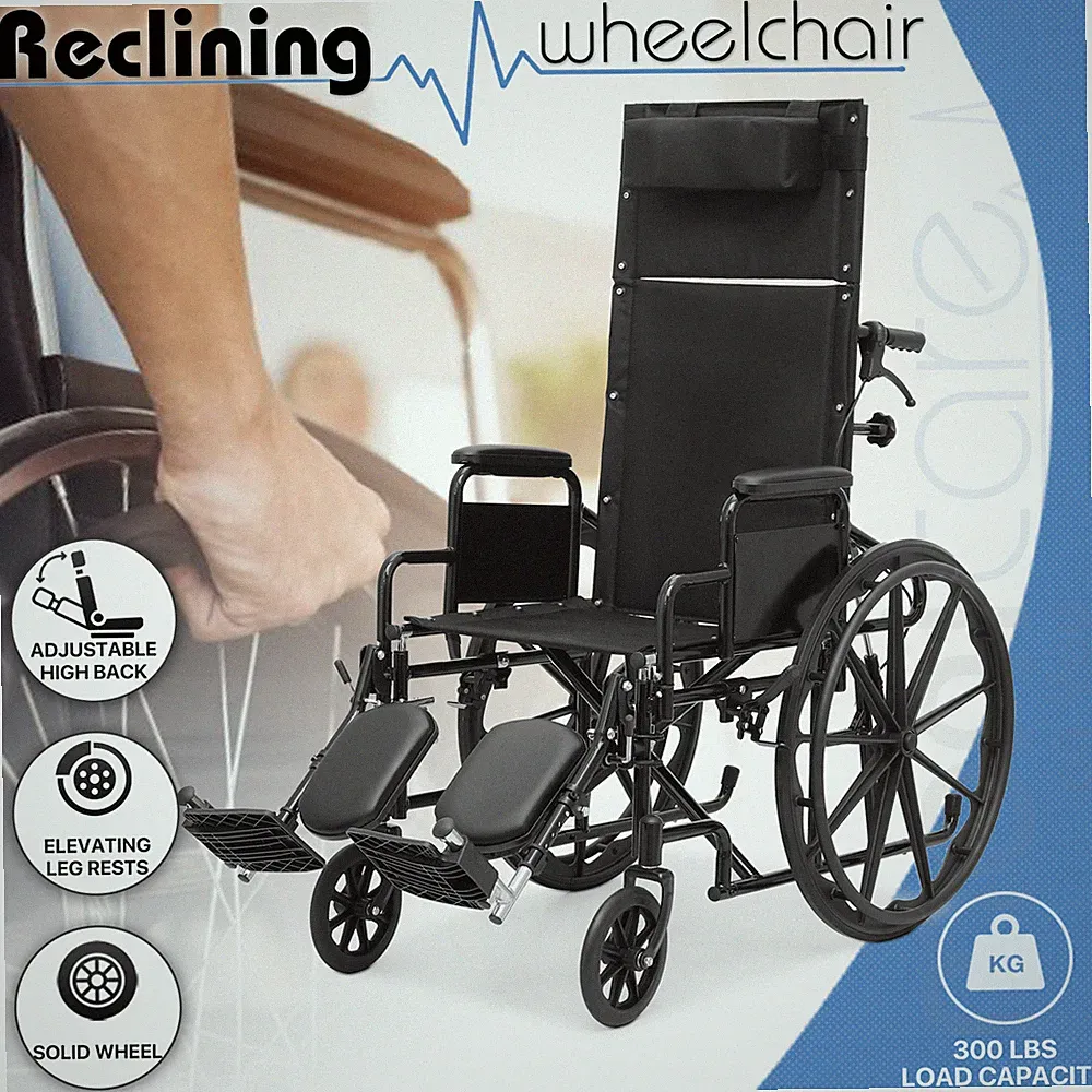 180°Reclining Anti-Tipping Self Propedded Transport Wheelchair Elevating Legrest