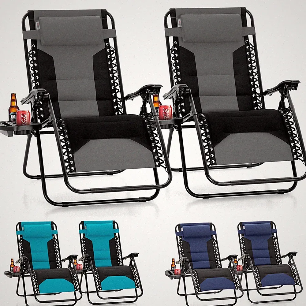 2x XXL Oversized Padded Zero Gravity Chair Foldable Patio Recliner w/ Cup Holder