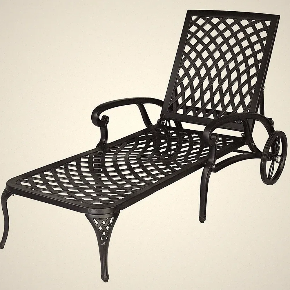 Adjustable Recliner Patio Chaise Lounge Cast Aluminum Outdoor w/ 2 Wheels Black