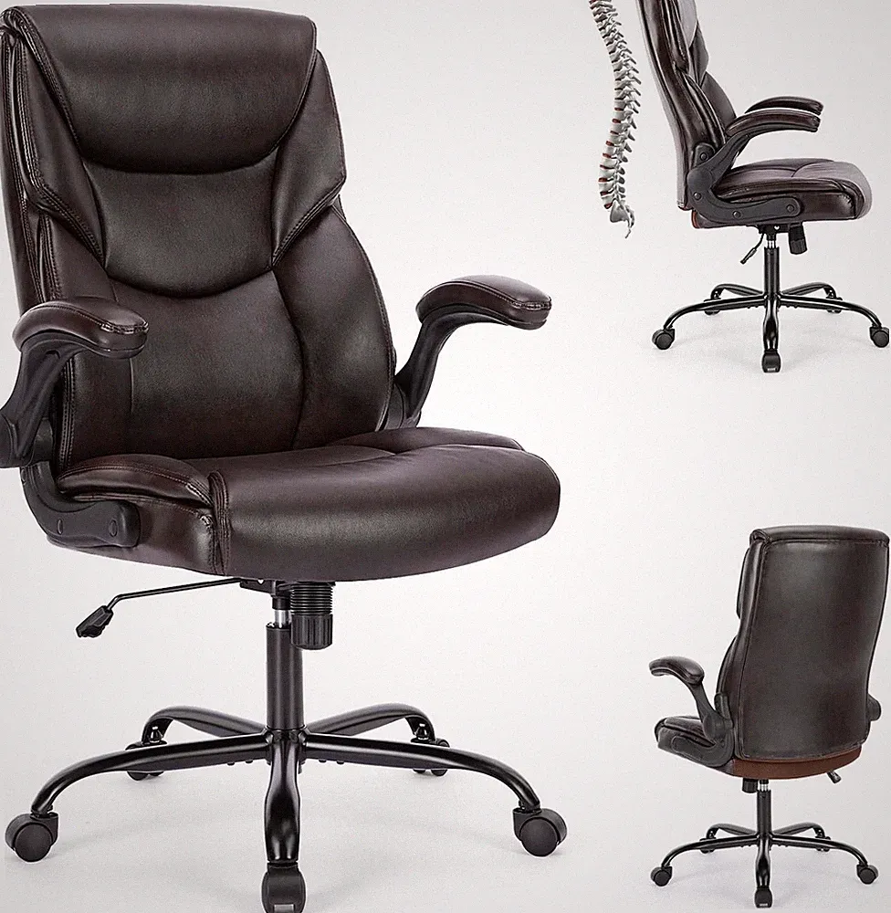 Brown Ergonomic High Back Office Chair with Flip-Up Arms & Wheels