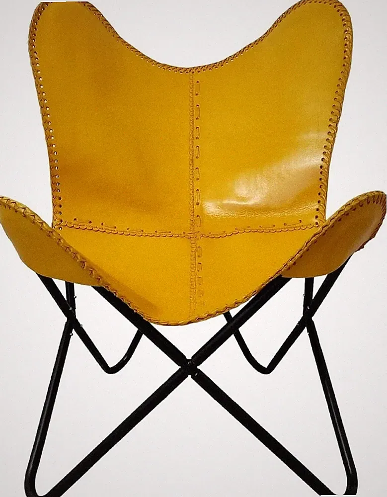 Brown Leather Accent Hand Stitch Leather Butterfly Chair With Iron Frame