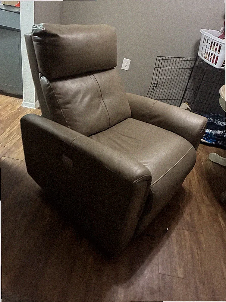 Brown Leather Recliner Armchair, Manual, High Back, 37x35x40 in, Pad Arms