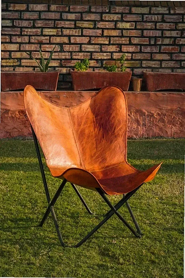 Chair Leather Butterfly Relax Handmade Lounge Accent Home Antique With Stand