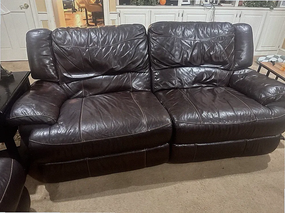 Dark Brown Leather Recliner Sofa Manual High Back Cushions 96x36x38 in Modern