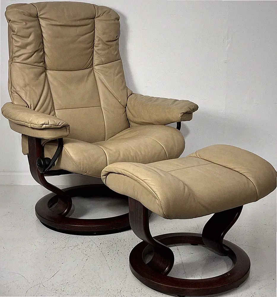 Ekornes Stressless Medium MAYFAIR "Sand" Leather Swivel Recliner Chair & Ottoman