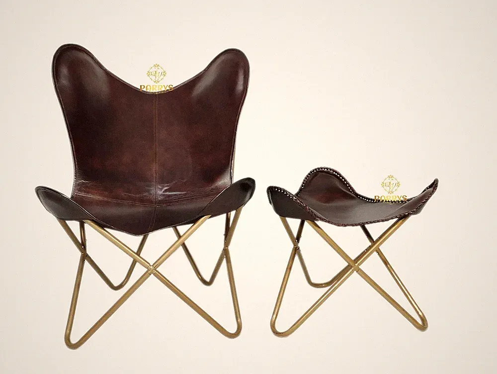 Folding Lounge Accent Relax Chair Buffalo Leather Butterfly Chair With Footstool
