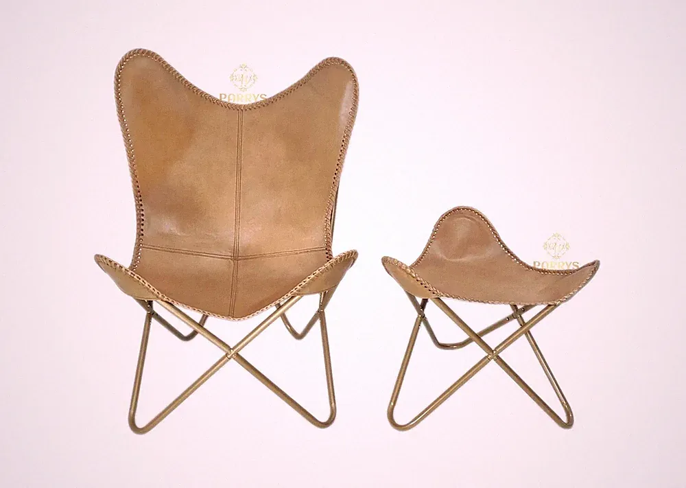 Handmade Buffalo Leather Butterfly Chair Foldable Relax Arm Chair With Footstool