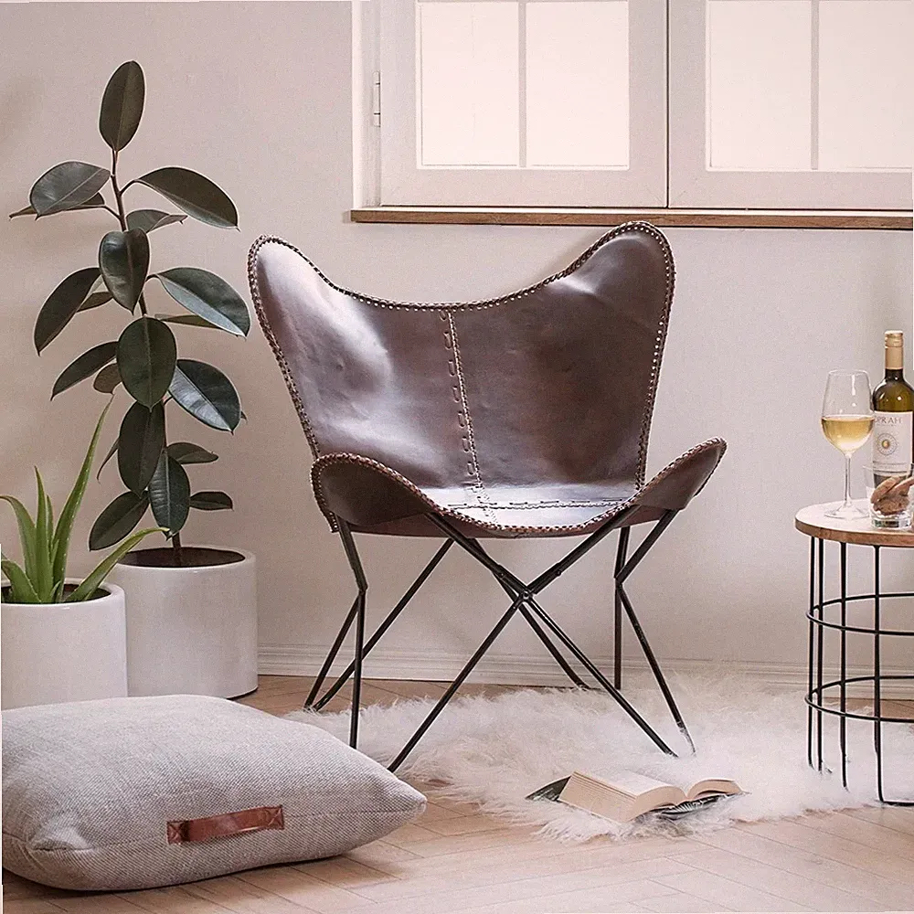 Handmade Leather Butterfly Chair Ottoman Black Lounge chair With Iron Frame