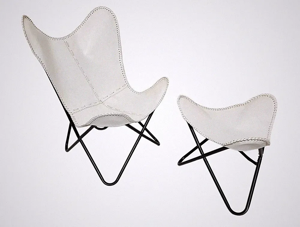 Handmade White Leather Butterfly Chair With Footstool Folding Relax Accent Chair
