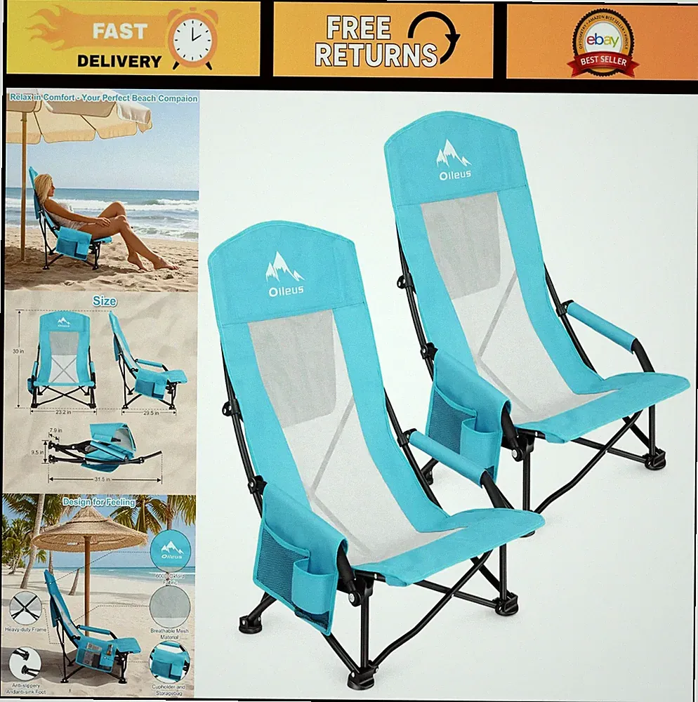 Lightweight Folding Beach Chair with High Back, Mesh Backrest, Cup Holder & Stor