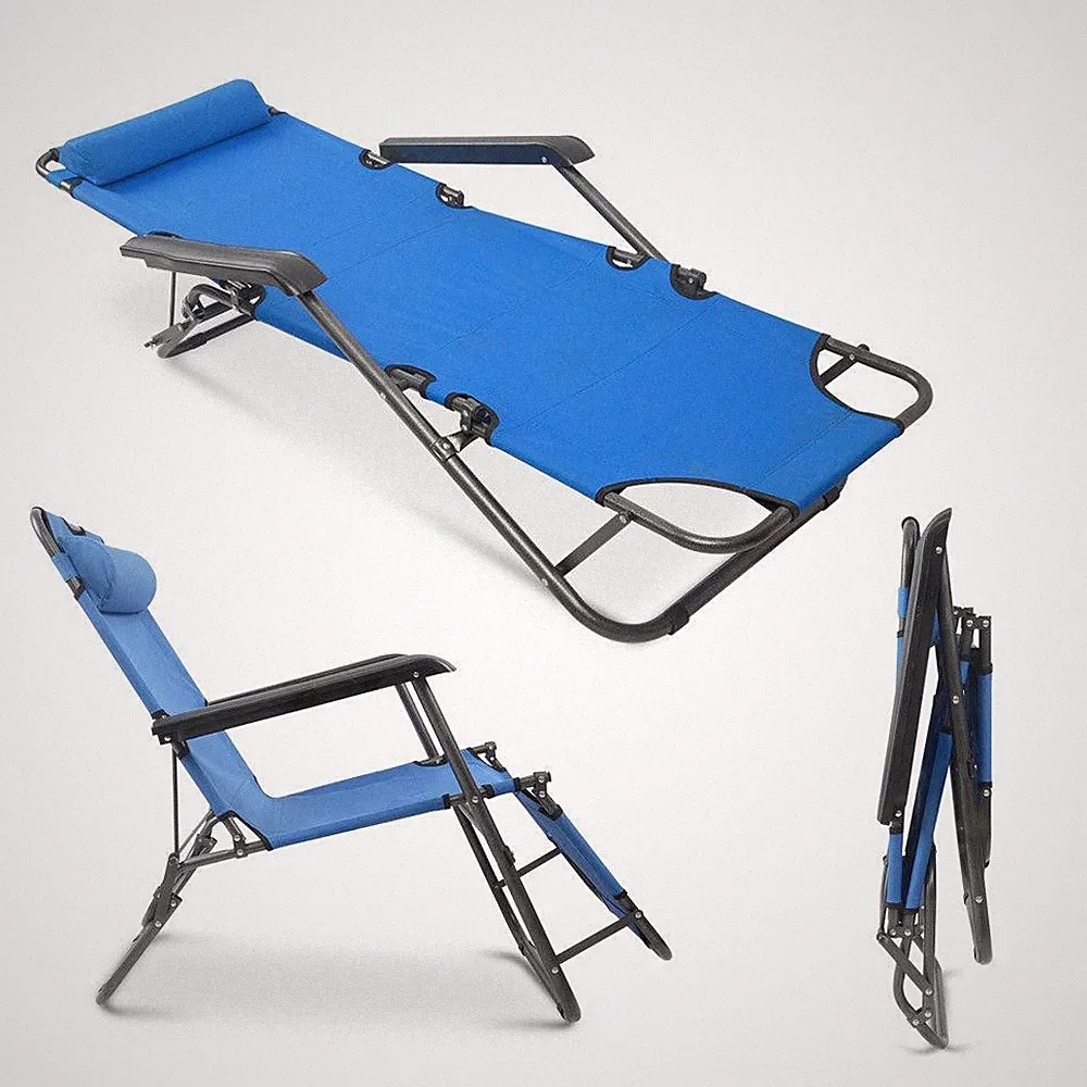 Patio Lounge Chair Chaise Bed Adjustable Beach Reclining Positions with Pillow