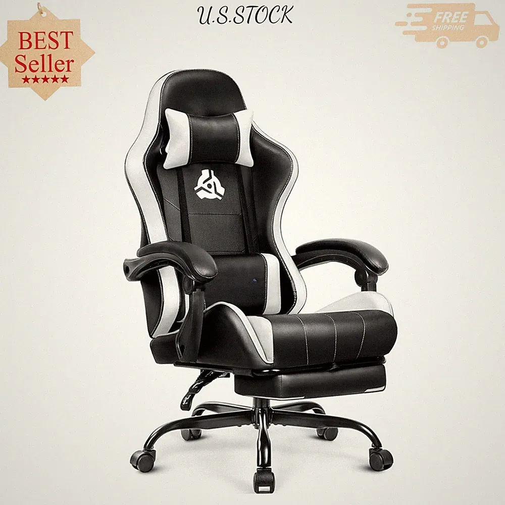 Video Gaming Chair with Footrest Lumbar Support High Back Recliner White